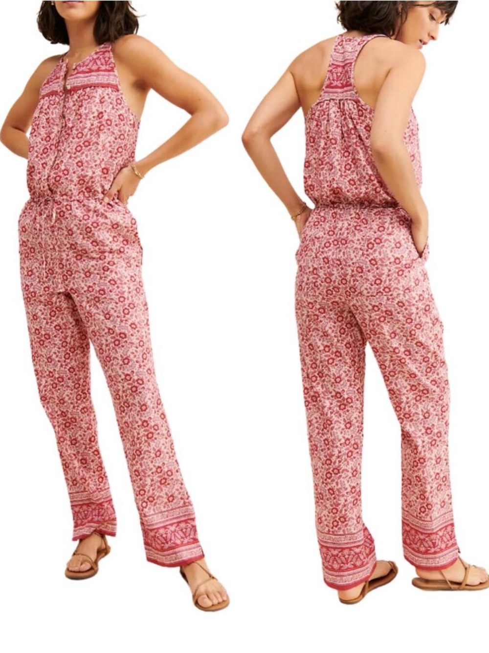 Faherty Adella Red  & Pink Floral Halter Jumpsuit Size XS in Sun Up Block Print